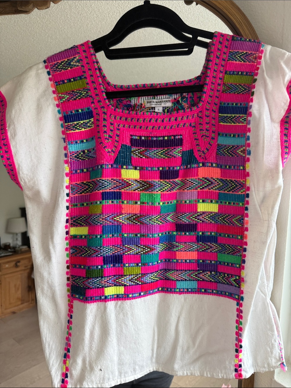 Chiapas México Embroidered White top (huipil) with Hot Pink Multicolor Panels